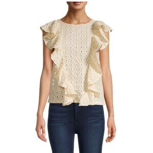 70/21 NWT Ruffled Embroidered Eyelet Semi Crop Top Sleeveless Cream Size M